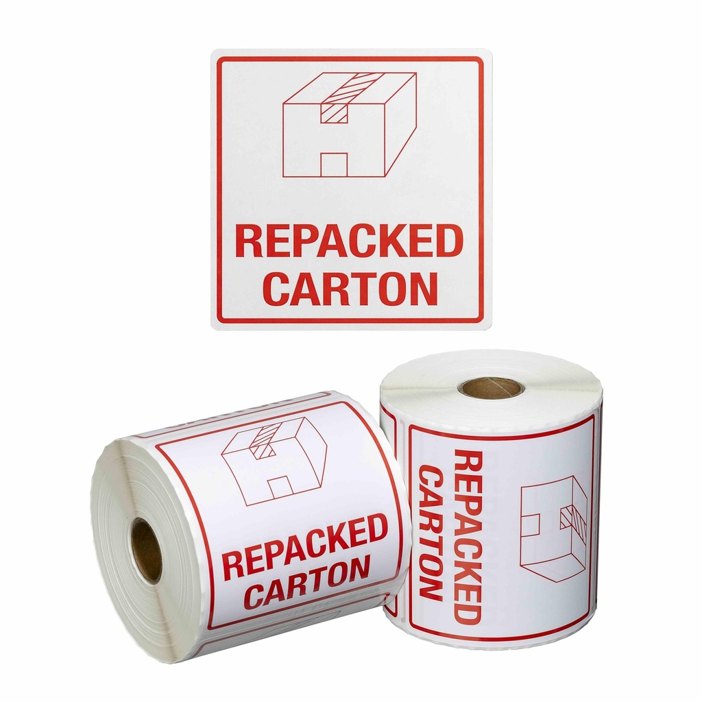 Handling Label Repacked Carton - White/Red, 99mm x 99mm (Roll)