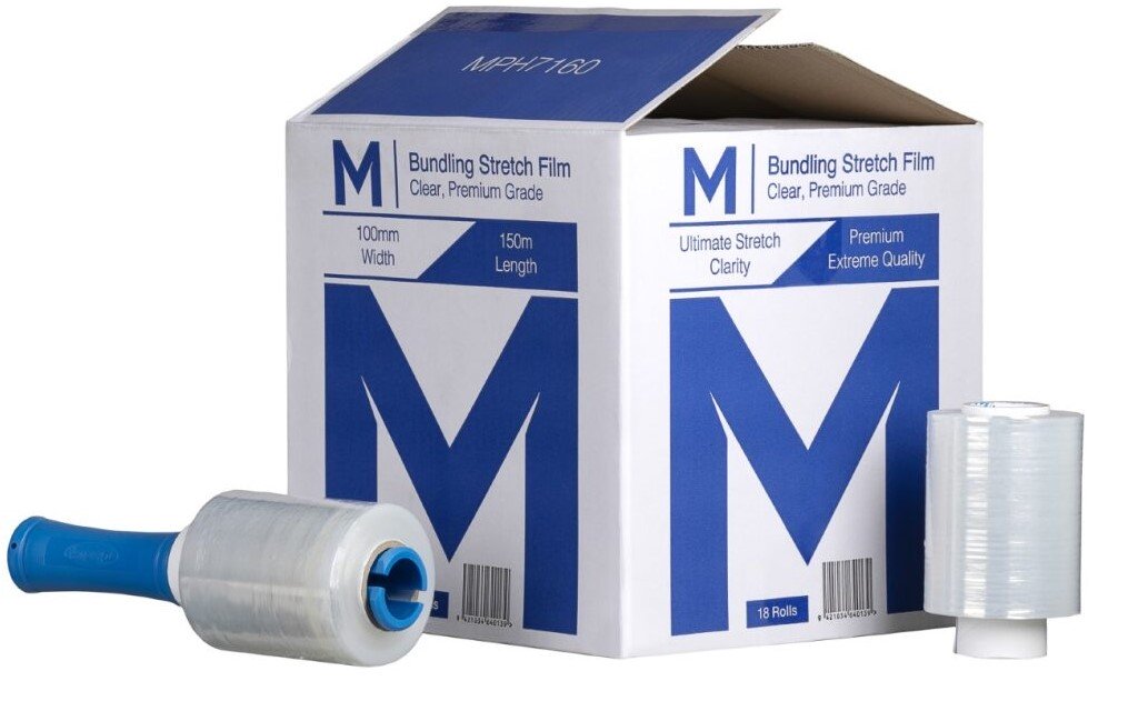 [MPH7160] Cast Bundling Film - Clear, 100mm x 150m x 23mu + 4 Free Handles (Box of 18 Rolls)