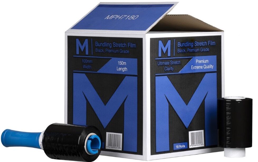 [MPH7180] Cast Bundling Film - Black, 100mm x 150m x 23mu + 4 Free Handles (Box of 18 Rolls)