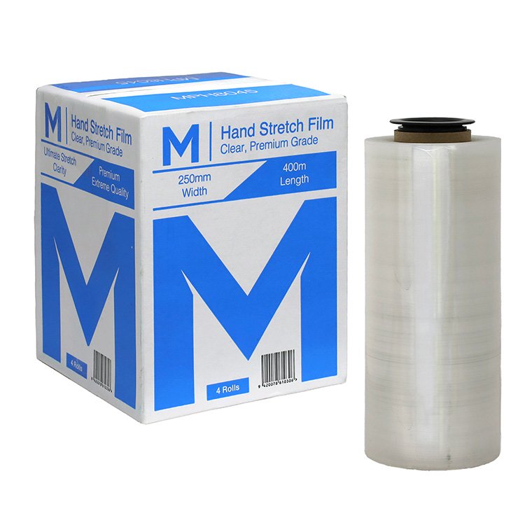[MPH8045] Cast Hand Stretch Film - Clear, 250mm x 400m x 15mu + 4 Free Handles (Box of 4 Rolls)