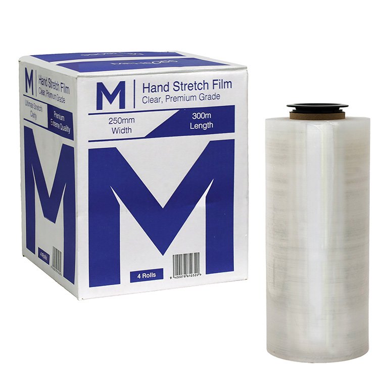 Pallet Wrap – Cast Hand Stretch Film - Clear, 250mm x 300m x 23mu + 4 Free Handles (Box of 4 Rolls)