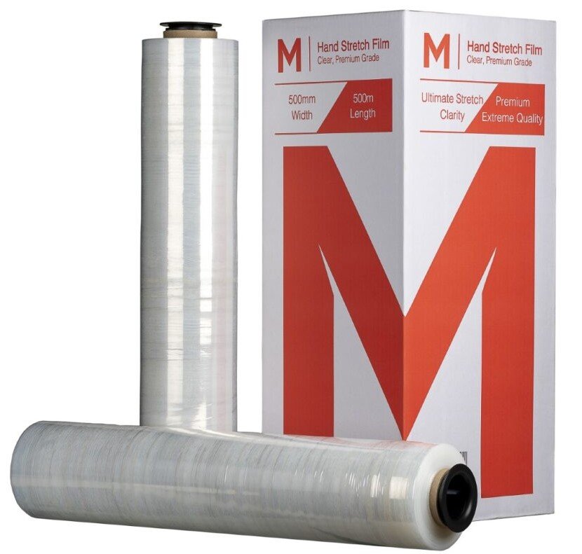 [MPH8020] Cast Hand Stretch Film - Clear, 500mm x 500m x 12mu + 4 Free End Caps (Box of 4 Rolls)