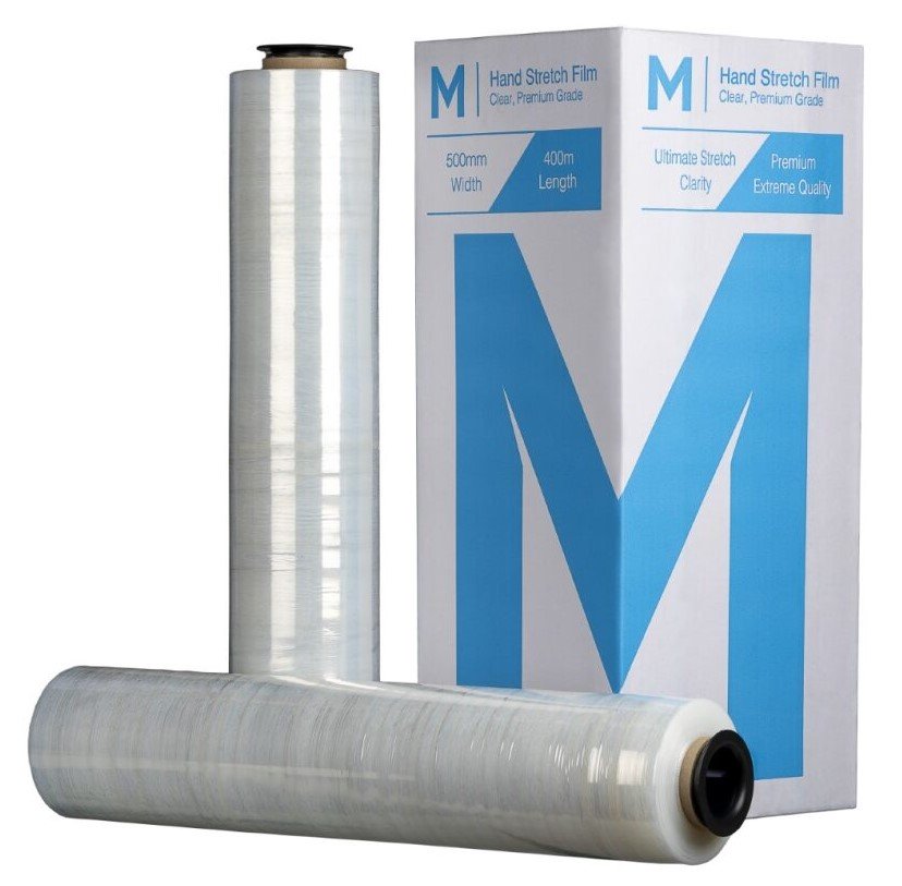 Pallet Wrap – Cast Hand Stretch Film - Clear, 500mm x 400m x 15mu + 4 Free End Caps (Box of 4 Rolls)