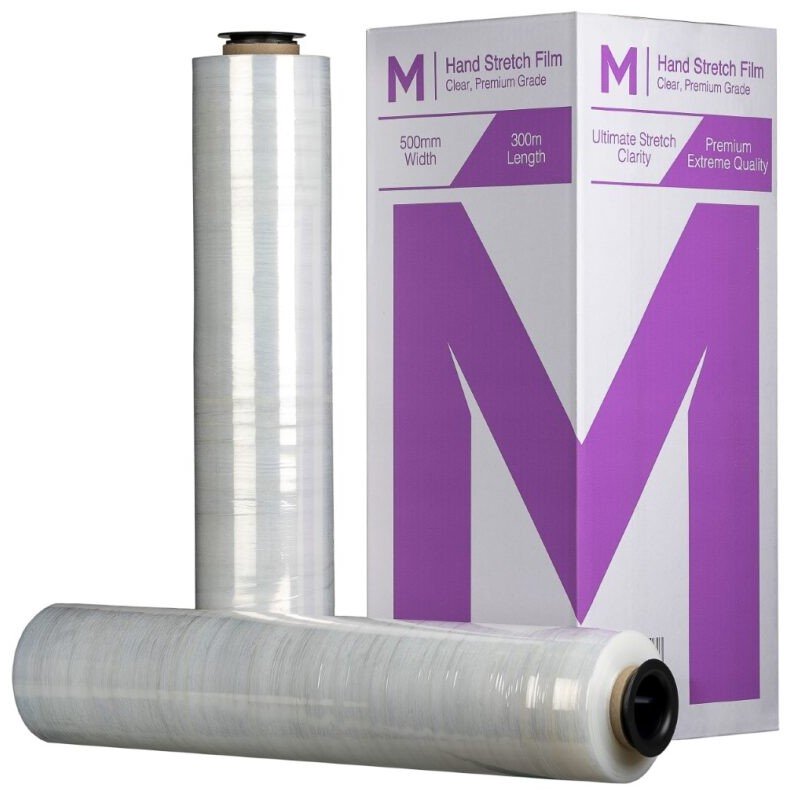 [MPH8060] Cast Hand Stretch Film - Clear, 500mm x 300m x 20mu + 4 Free End Caps (Box of 4 Rolls)