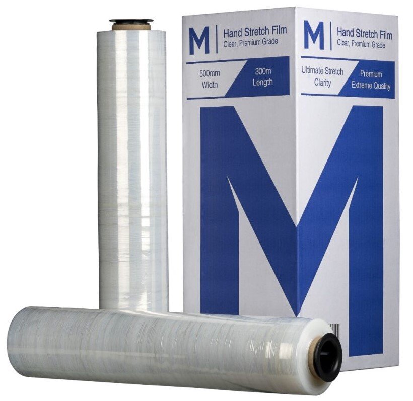 Pallet Wrap – Cast Hand Stretch Film - Clear, 500mm x 300m x 23mu + 4 Free End Caps (Box of 4 Rolls)