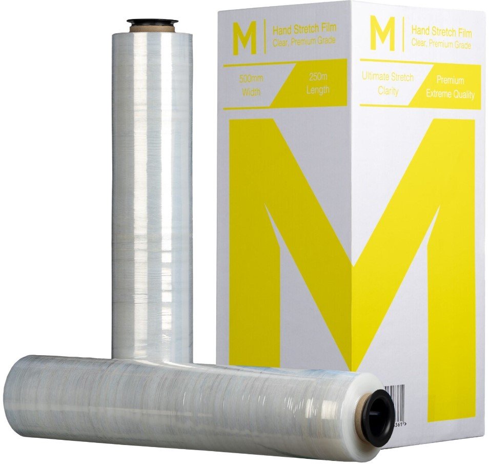 [MPH8090] Cast Hand Stretch Film - Clear, 500mm x 250m x 30mu + 4 Free End Caps (Box of 4 Rolls)
