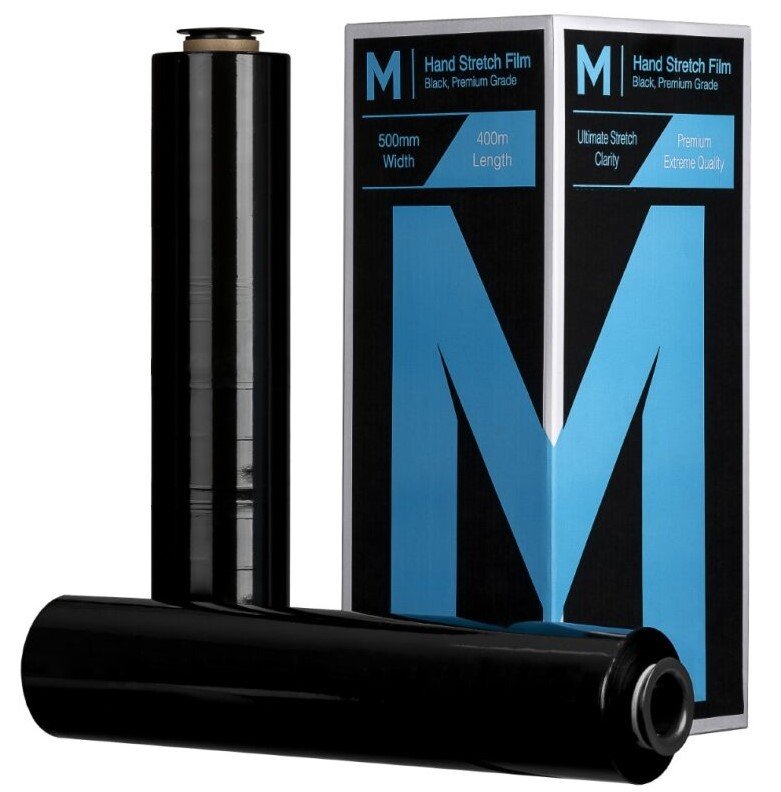 [MPH8050] Cast Hand Stretch Film - Black, 500mm x 400m x 15mu + 4 Free End Caps (Box of 4 Rolls)