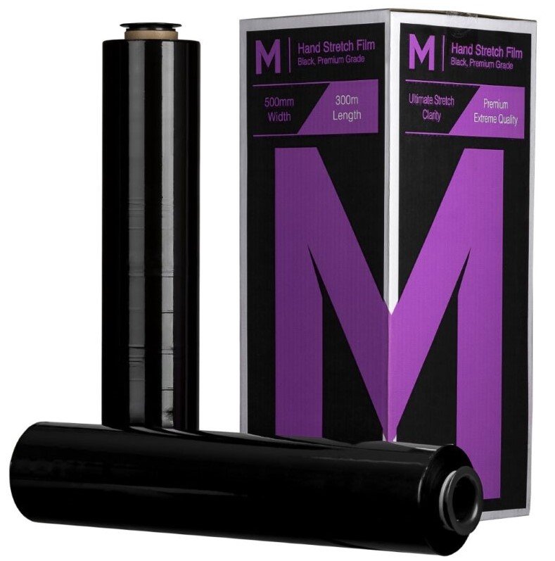 [MPH8070] Cast Hand Stretch Film - Black, 500mm x 300m x 20mu + 4 Free End Caps (Box of 4 Rolls)