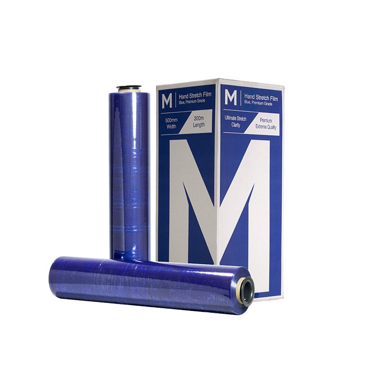[MPH8160] Cast Hand Stretch Film - Blue, 500mm x 300m x 20mu + 4 Free End Caps (Box of 4 Rolls)
