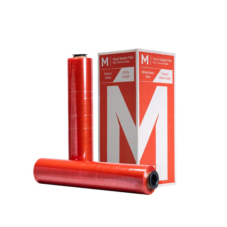 [MPH8161] Cast Hand Stretch Film - Red, 500mm x 300m x 20mu + 4 Free End Caps (Box of 4 Rolls)