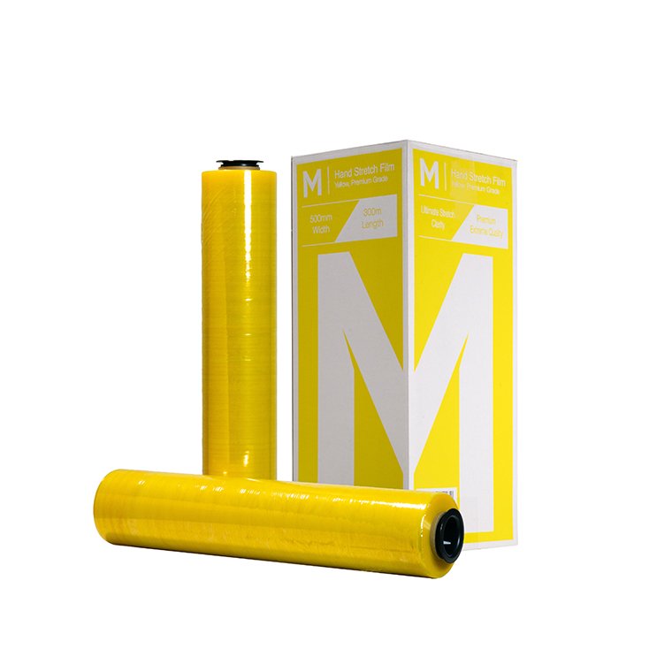 [MPH8163] Cast Hand Stretch Film - Yellow, 500mm x 300m x 20mu + 4 Free End Caps (Box of 4 Rolls)