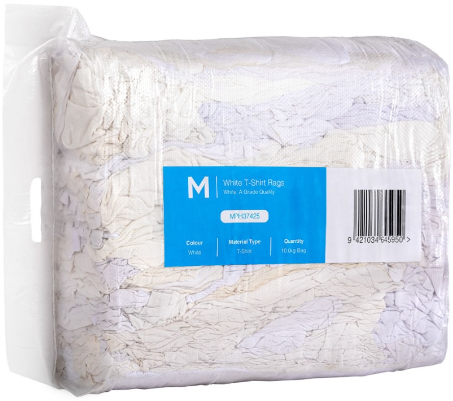 White T-Shirt Rags - White, 10.0kg Compressed Bale *A Grade Quality (Bale)