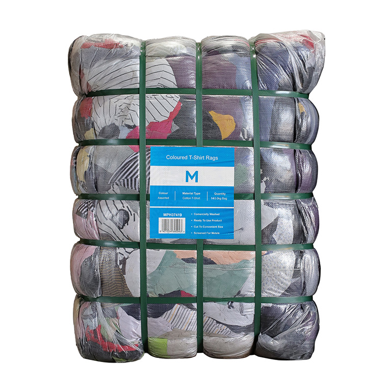 Coloured T-Shirt Rags - Assorted, 140.0kg Compressed Bale *A Grade Quality (Bale)