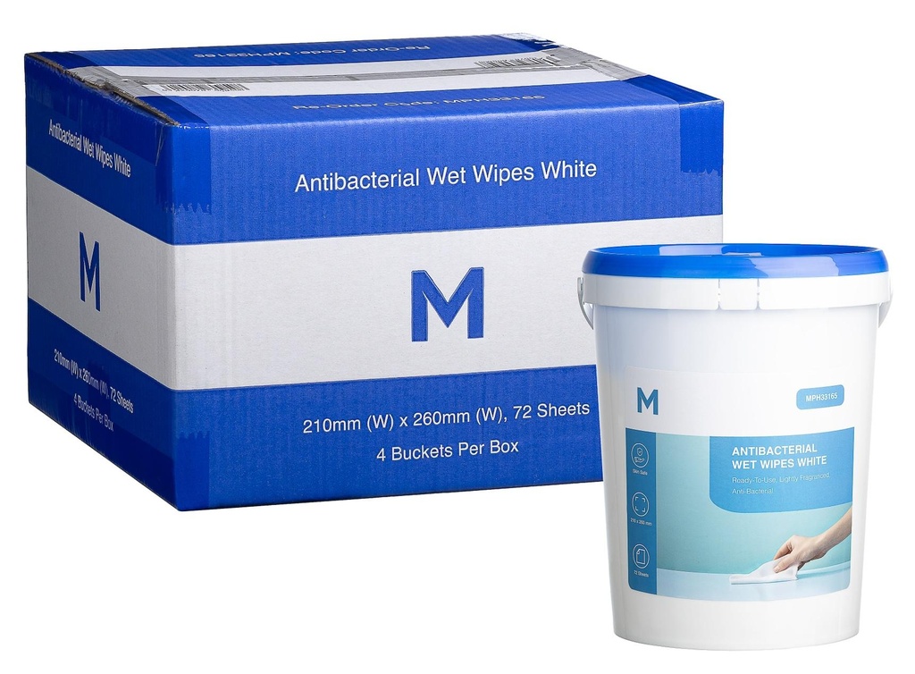Antibacterial Bucket Wet Wipes - White, 210mm x 270mm, 70gsm, 72 Sheets (Box of 4 Buckets)
