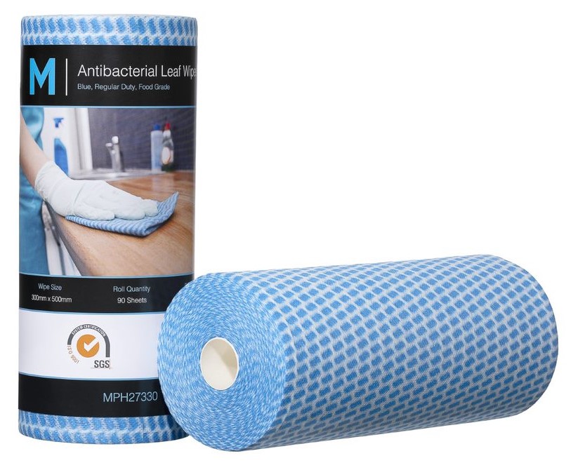 [MPH27330] Antibacterial Leaf Wipes - Blue, 300mm x 500mm, 90 Sheets, 60gsm *Regular Duty (Box of 4 Rolls)