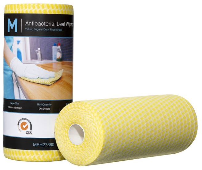 [MPH27360] Antibacterial Leaf Wipes - Yellow, 300mm x 500mm, 90 Sheets, 60gsm *Regular Duty (Box of 4 Rolls)