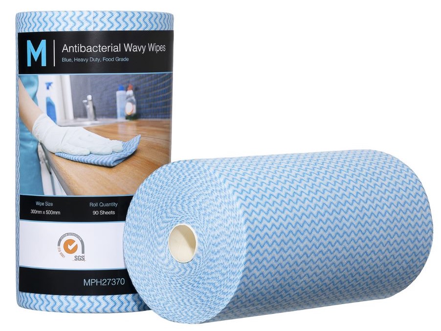 [MPH27370] Antibacterial Wavy Wipes - Blue, 300mm x 500mm, 90 Sheets, 80gsm *Heavy Duty (Box of 4 Rolls)
