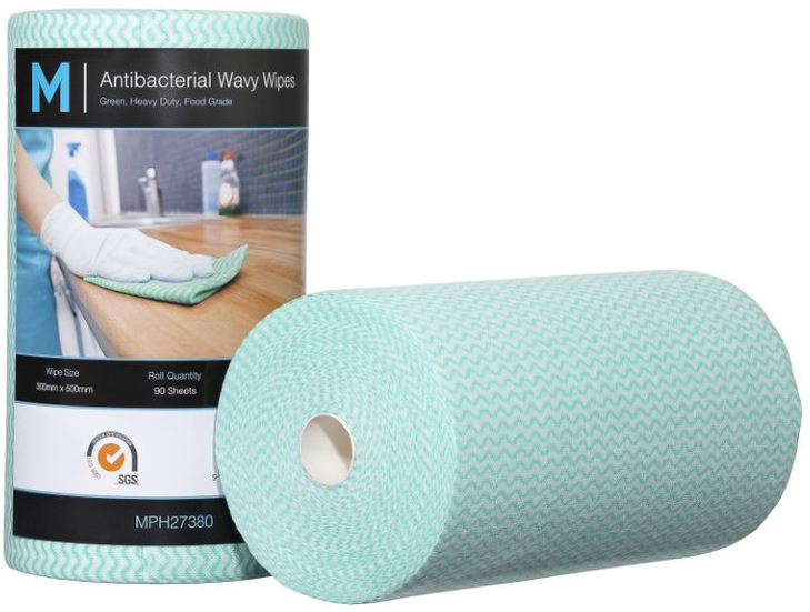 Antibacterial Wavy Wipes - Green, 300mm x 500mm, 90 Sheets, 80gsm *Heavy Duty (Box of 4 Rolls)