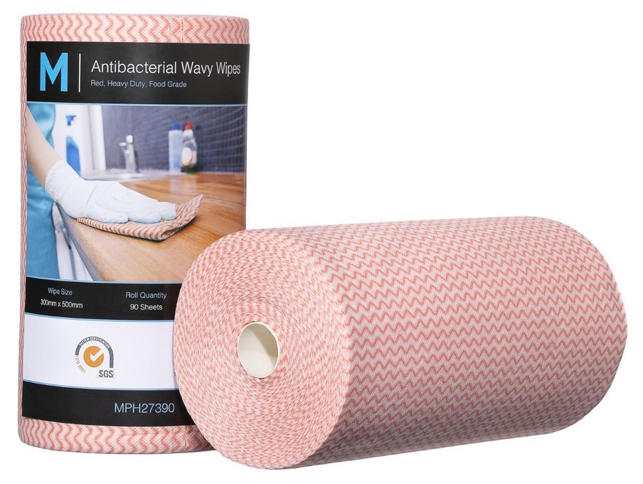 Antibacterial Wavy Wipes - Red, 300mm x 500mm, 90 Sheets, 80gsm *Heavy Duty (Box of 4 Rolls)