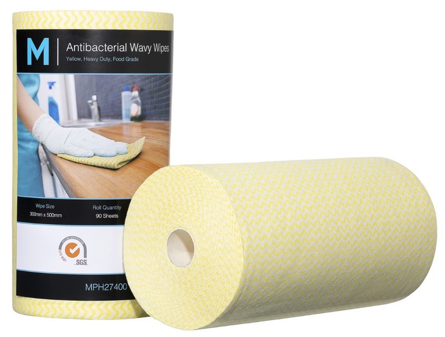 [MPH27400] Antibacterial Wavy Wipes - Yellow, 300mm x 500mm, 90 Sheets, 80gsm *Heavy Duty (Box of 4 Rolls)
