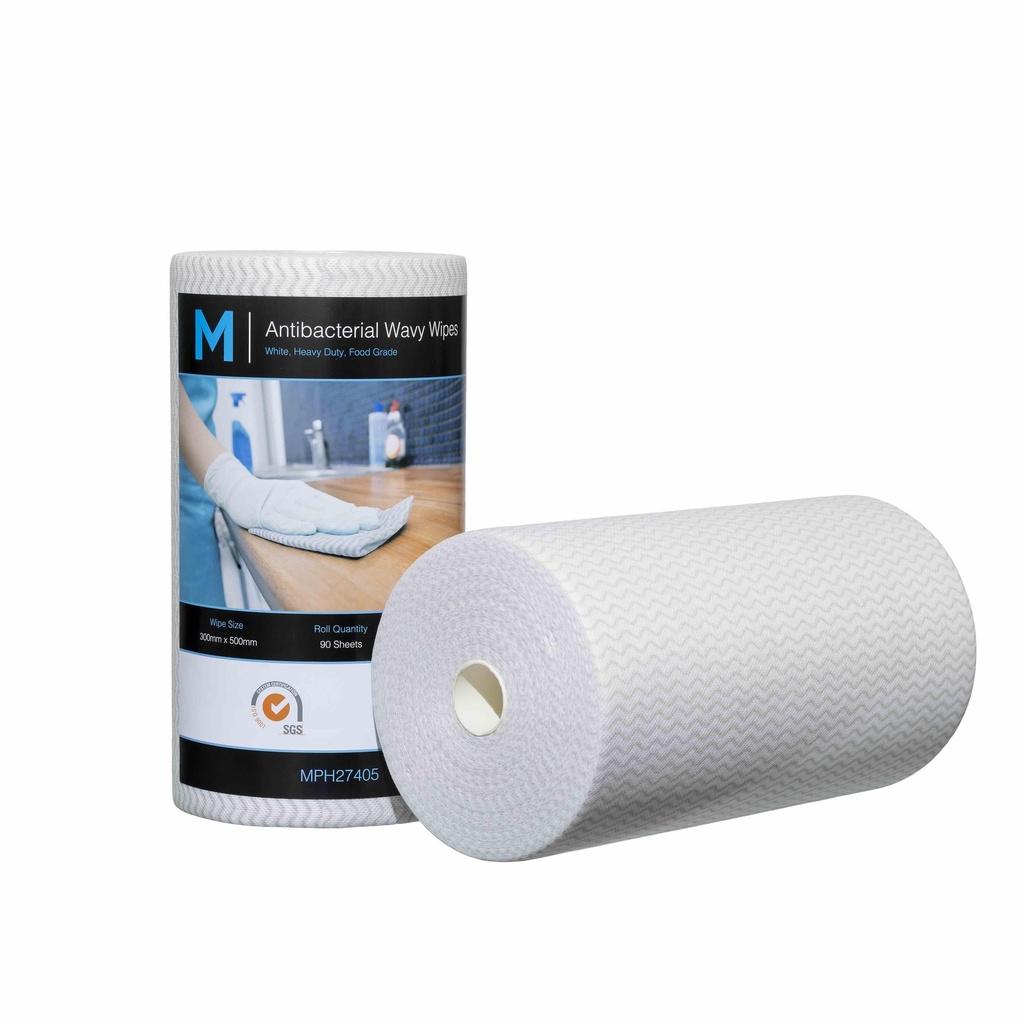 Antibacterial Wavy Wipes - White, 300mm x 500mm, 90 Sheets, 80gsm *Heavy Duty (Box of 4 Rolls)