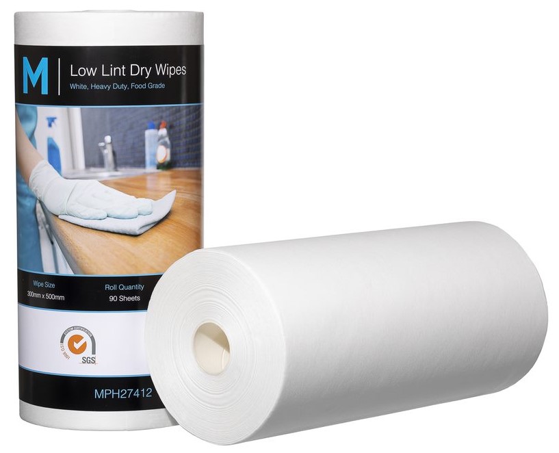 Low Lint Dry Wipes - White, 300mm x 500mm, 90 Sheets, 80gsm *Ultra Low Lint (Box of 4 Rolls)