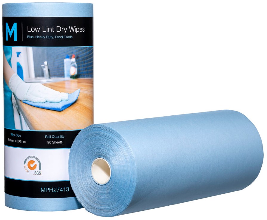 Low Lint Dry Wipes - Blue, 300mm x 500mm, 90 Sheets, 80gsm *Ultra Low Lint (Box of 4 Rolls)