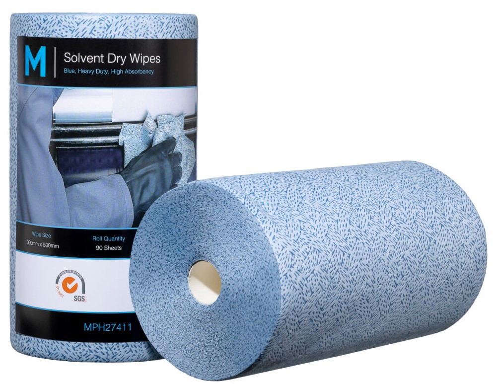 Solvent Dry Wipes - Blue, 300mm x 500mm, 90 Sheets, 80gsm *Solvent/Oil Use (Box of 4 Rolls)