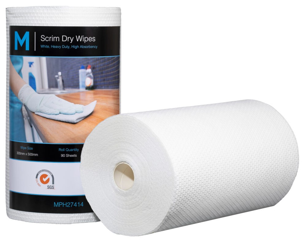 Scrim Hexagonal Dry Wipes - White, 300mm x 500mm, 90 Sheets, 80gsm *Rag Replacement (Box of 4 Rolls)
