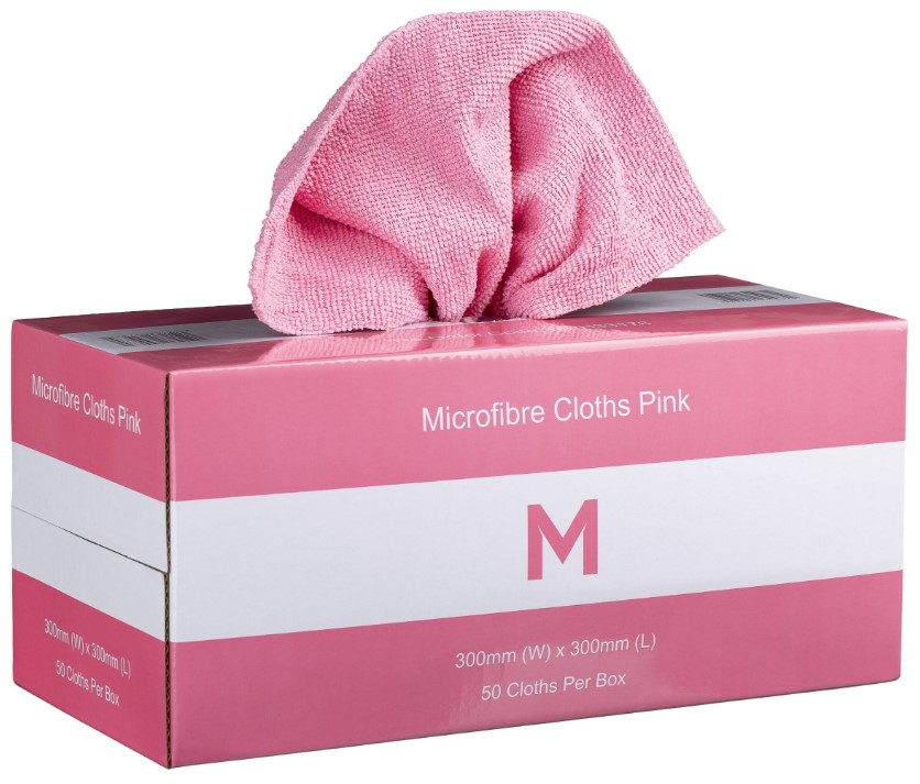 Dispenser Microfibre Cloths - Pink, 300mm x 300mm, 185gsm (Pack of 50 Cloths)