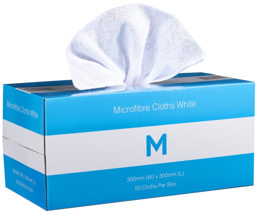 Dispenser Microfibre Cloths - White, 300mm x 300mm, 185gsm (Pack of 50 Cloths)