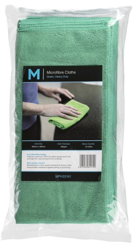 Microfibre Cloths - Green, 400mm x 400mm, 350gsm (Box of 50 Cloths)