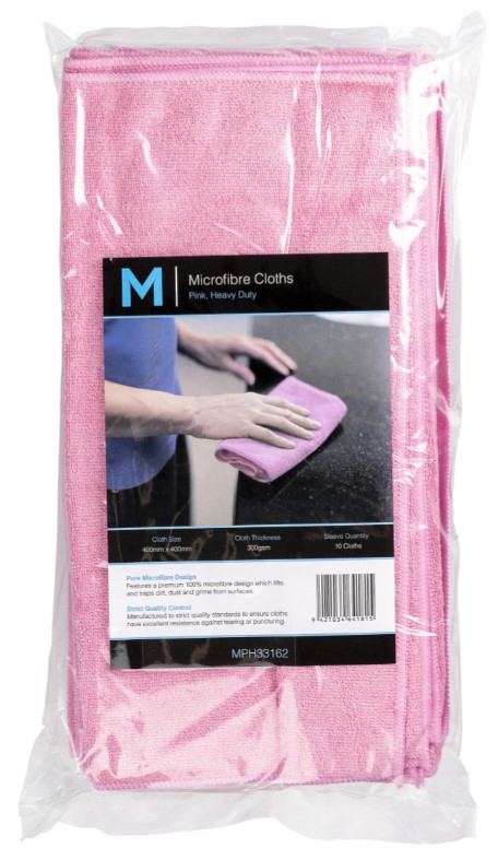 Microfibre Cloths - Pink, 400mm x 400mm, 350gsm (Box of 50 Cloths)