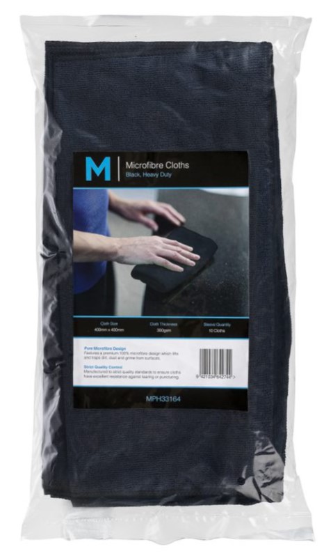 Microfibre Cloths - Black, 400mm x 400mm, 350gsm (Box of 50 Cloths)