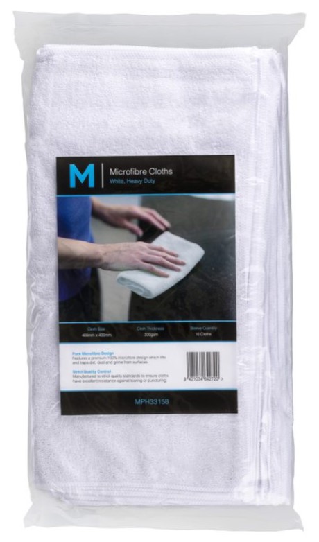 Microfibre Cloths - White, 400mm x 400mm, 350gsm (Box of 50 Cloths)