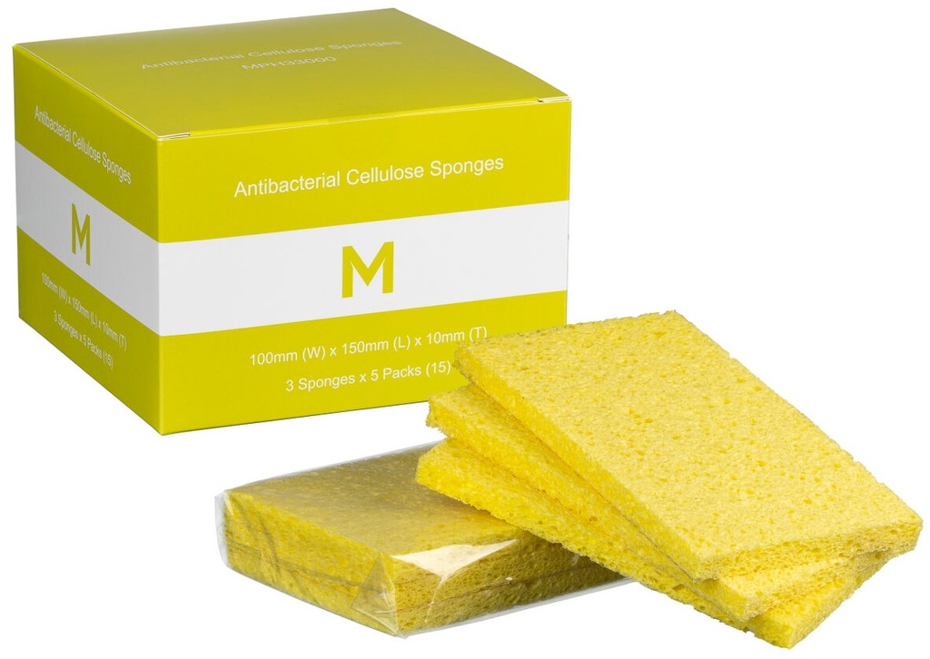 [MPH33000] Antibacterial Cellulose Sponges - Yellow, 100mm x 150mm x 10mm (Pack of 15 Sponges)