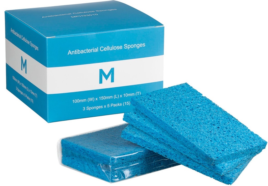 [MPH33010] Antibacterial Cellulose Sponges - Blue, 100mm x 150mm x 10mm (Pack of 15 Sponges)
