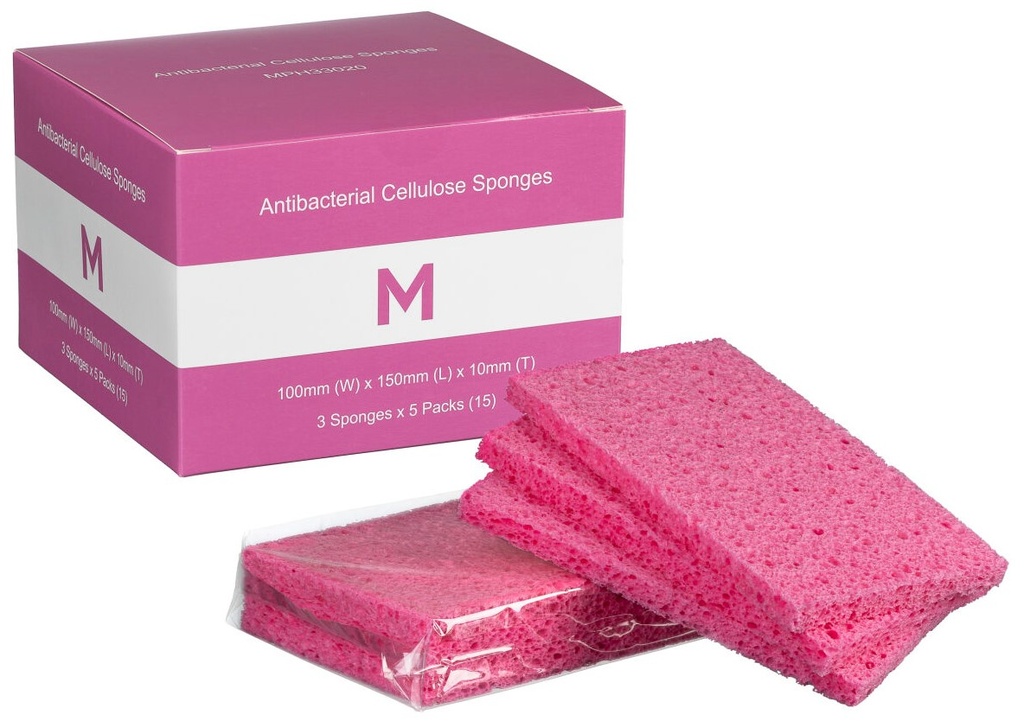 [MPH33020] Antibacterial Cellulose Sponges - Pink, 100mm x 150mm x 10mm (Pack of 15 Sponges)