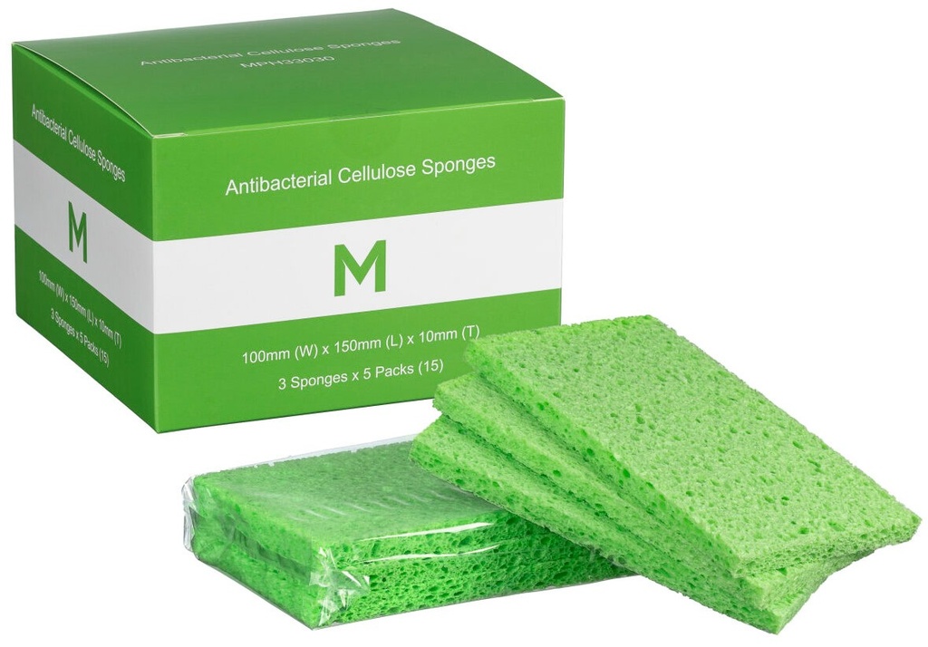 [MPH33030] Antibacterial Cellulose Sponges - Green, 100mm x 150mm x 10mm (Pack of 15 Sponges)