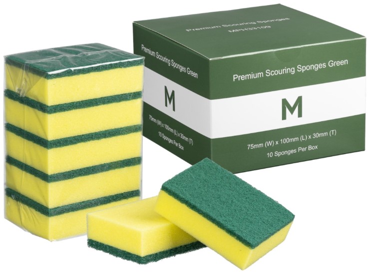 Premium Scouring Sponges - Yellow/Green, 75mm x 100mm x 30mm *Half Size (Box of 80 Sponges)