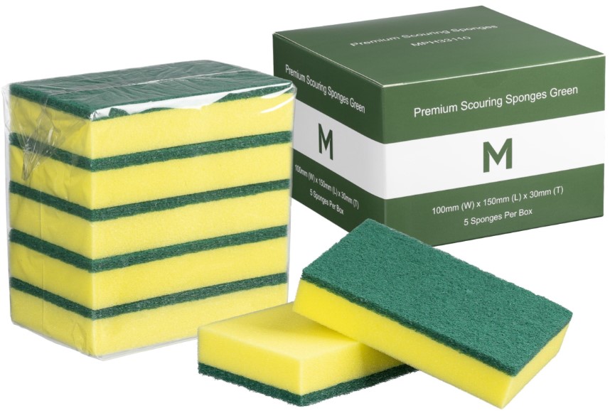 Premium Scouring Sponges - Yellow/Green, 100mm x 150mm x 30mm *Full Size (Box of 40 Sponges)