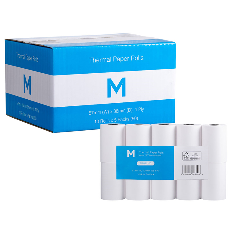 Thermal Paper Roll - White, 57mm x 38mm, 1 Ply, FSC® Mix *Eftpos Machine (Box of 50 Rolls)