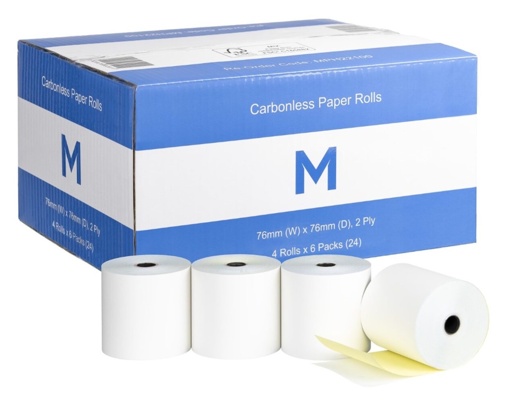 [MPH22100] NCR Carbonless Paper Roll - White/Yellow, 76mm x 76mm, 2 Ply, FSC® Mix (Box of 24 Rolls)