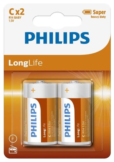 [MPH34695] Philips Long Life Battery - Orange, C Size (Pack of 2 Batteries)