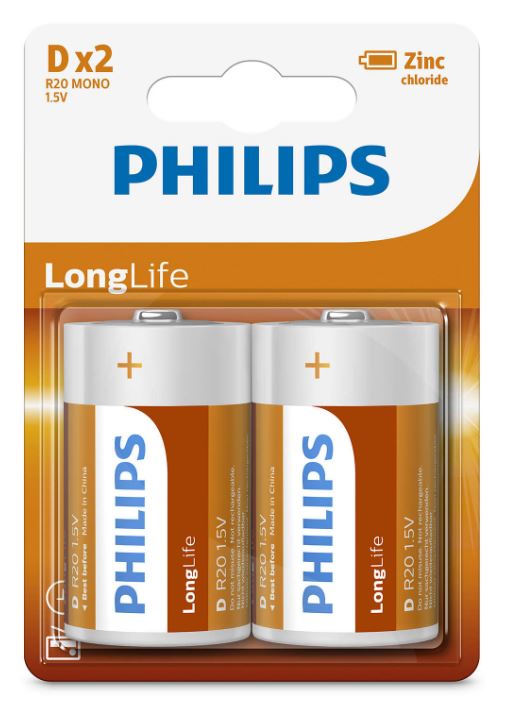 [MPH34700] Philips Long Life Battery - Orange, D Size (Pack of 2 Batteries)