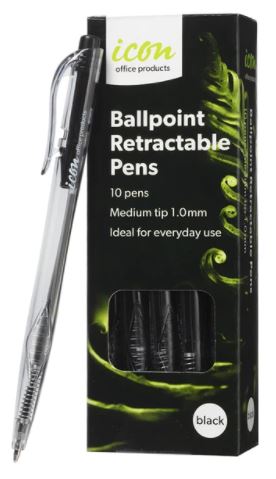 [MPH34925] Icon Ball Point Pen - Black, Medium 1.0mm Tip (Pack of 10 Pens)