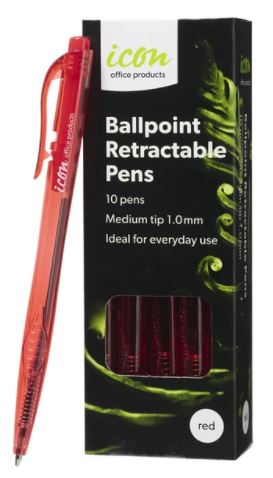 [MPH34928] Icon Ball Point Pen - Red, Medium 1.0mm Tip (Pack of 10 Pens)