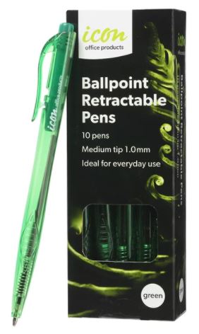 [MPH34929] Icon Ball Point Pen - Green, Medium 1.0mm Tip (Pack of 10 Pens)