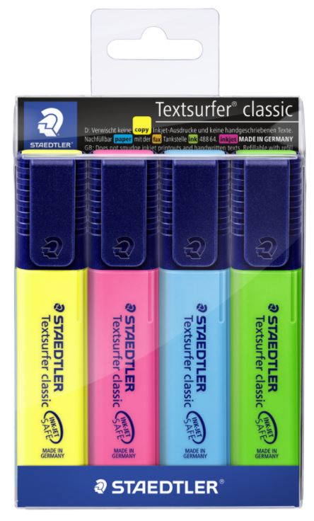 [MPH34875] Staedtler Classic Highlighter - Assorted, Chisel Tip (Pack of 4 Highlighters)