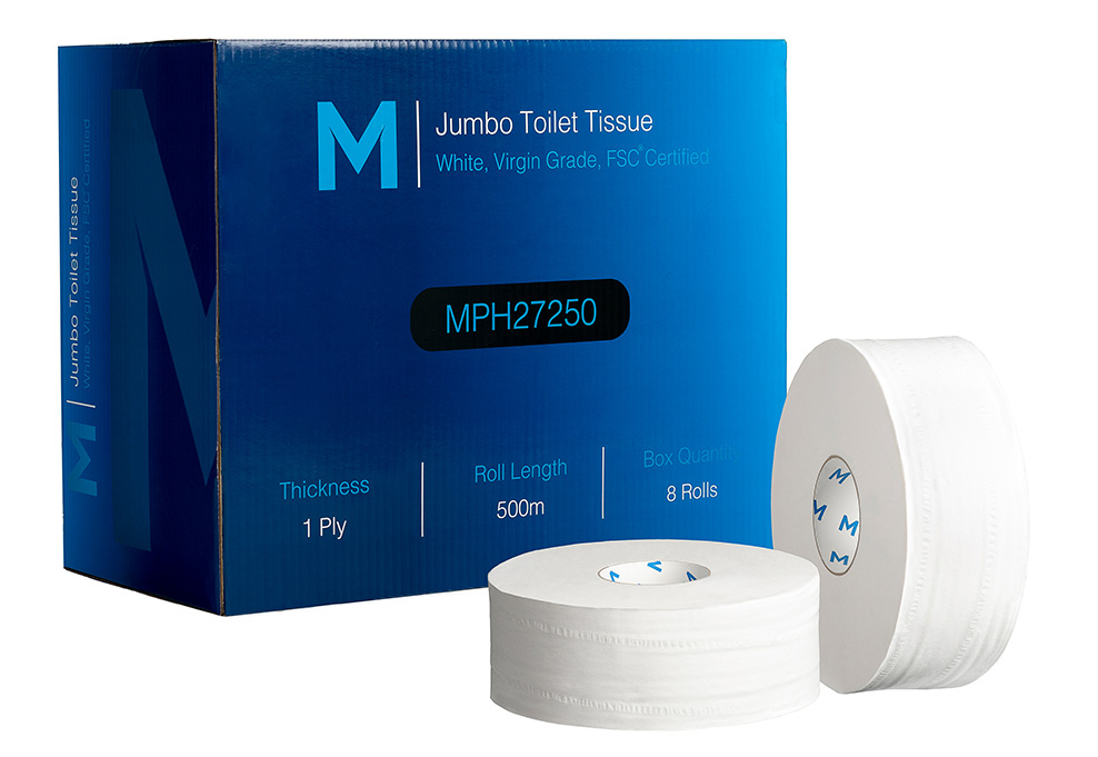 Virgin Jumbo Toilet Tissue Boxed - White, 1 Ply, 500m, FSC® Mix (Box of 8 Rolls)